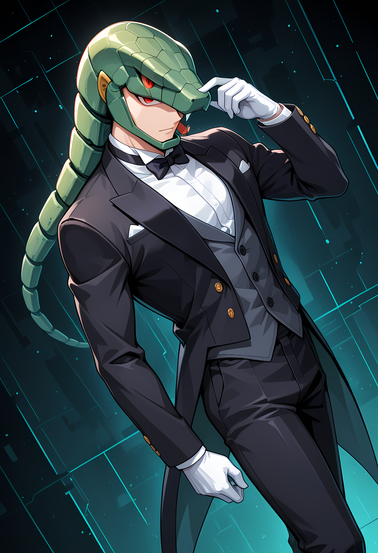 masterpiece, best quality, amazing quality, dutch angle, abstract background, BREAK
solo, male, 1boy, mm3_snake, snake helmet, red eyes, black tuxedo, bow tie, formal, BREAK
<lora:cfg_scale_boost:.6>  <lora:Snake_Man_-_Megaman_3_-_ILXL:1>