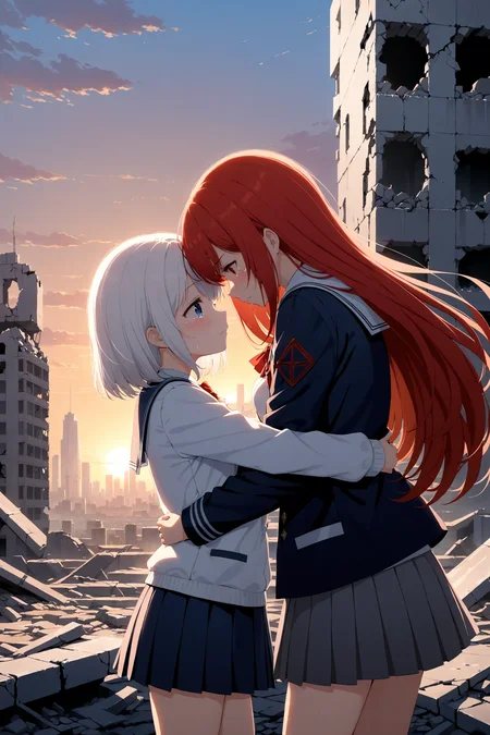 2girls, yuri, hugging, from side, sci-fi, red hair girl, white hair girl, school uniform, sad, crying, cityscape, ruins, sunrise, scenery, masterpiece, best quality