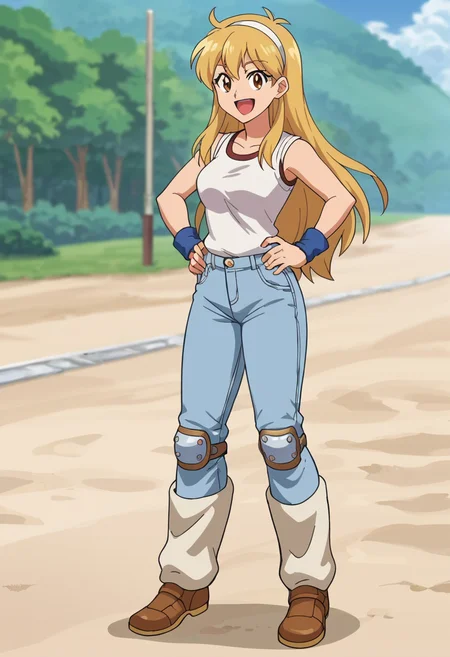 PonyXLV6_Scores,source_anime,anime screencap,anime coloring,1girl,rosafelmonde,(solo:1.2),standing,hands on hips,front shot,happy,:d,full body, <lora:RosaFelmondePony:1>,long hair,blonde hair,brown eyes,white hairband,shirt,armor,leg warmers,denim,jeans,knee pads,shoes,wristband,outdoors,beach