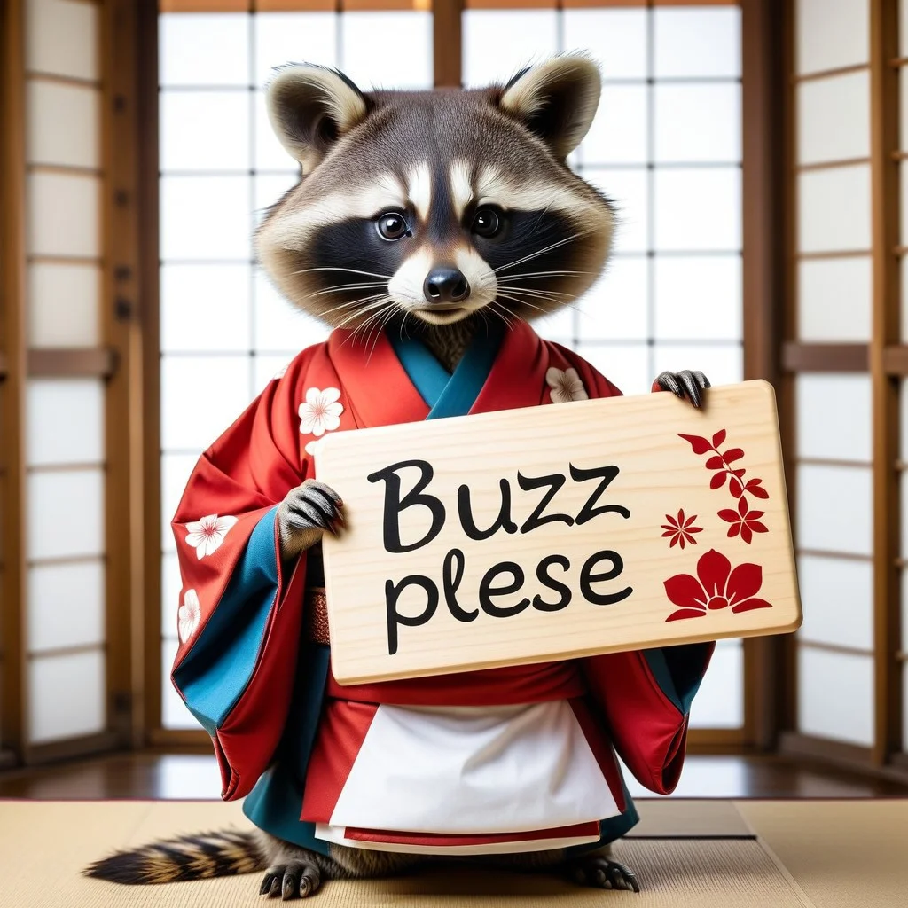 japan, traditional japanese tea-house, a cutting racoon in geisha costume holding sign with text "buzz please", buzz