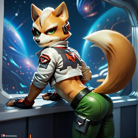 score_9, score_8_up, score_7_up, score_6_up, score_5_up, score_4_up, Fox McCloud, spaceship, male, solo, midriff, navel, green eyes, seductive look, side view, bending over, cute butt, source_furry <lora:Fox_McCloud_Pony:0.7>
