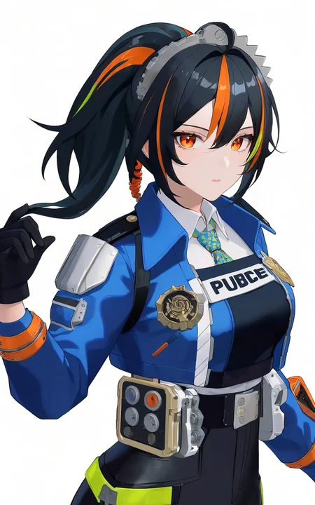 8k, best quality, masterpiece, (ultra-detailed), (high detailed skin), (white background:1.3),
( white background:1.3), standing, looking at viewer, (solo:1.3), hands on hips, completely white background, close-up,
<lora:zhuyuan-a3-Tanger-000014:0.8>, zhuyuan, default clothes, Police combat uniforms, 1girl, multicolored hair, black hair, blue jacket, gloves, streaked hair,
(beautiful_face), ((intricate_detail)), clear face,
((finely_detailed)), fine_fabric_emphasis,
((glossy)), full_shot, medium_shot,