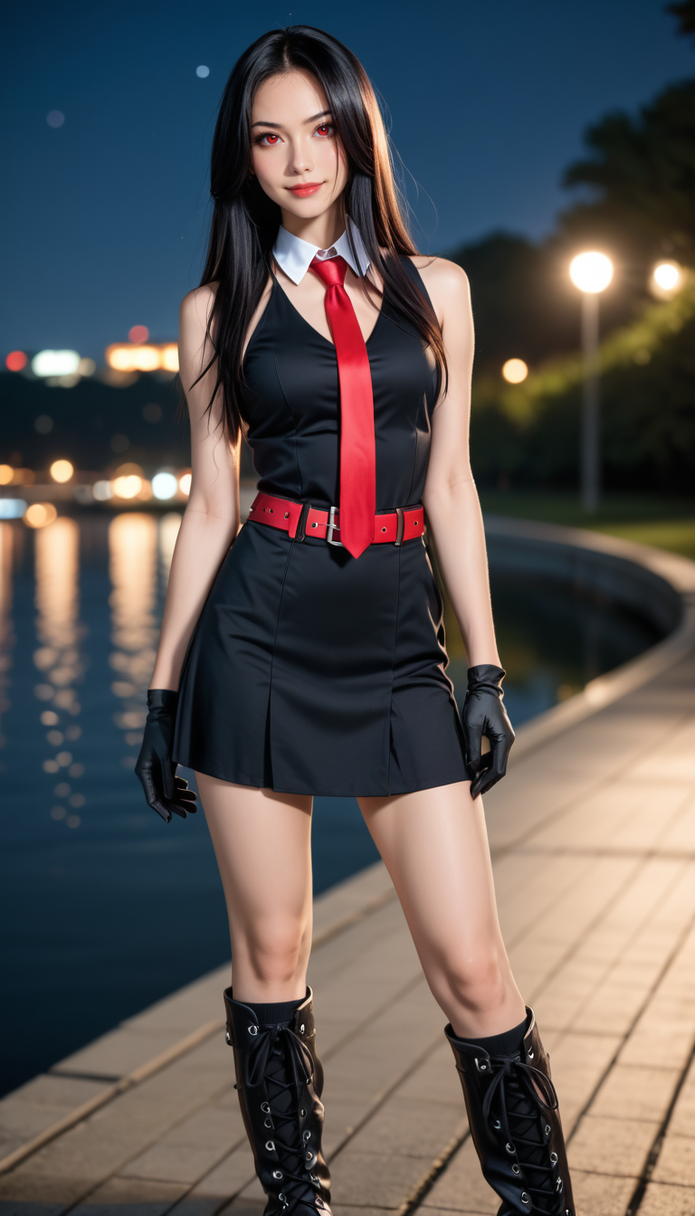 score_9, score_8_up, score_7_up, Raw Photo, Full Body Shot, Akame ga Kill!, cute, seductive, innocent, light smile:0.3, plump lips, slender body, very long black hair, red eyes, black dress, sleeveless, detailed white collar, black skirt, red belt around her waist, red and black gloves, long red tie, black socks, boots, ultrahigh resolution textures, bokeh, moonlight passing through hair night, lake background, depth of field, dynamic angle, photo realistic:1.4, realistic skin:1.4, fashion photography, sharp, analog film grain, hyperdetailed:1.15
