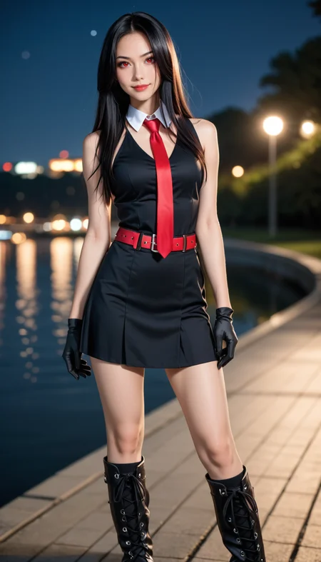 score_9, score_8_up, score_7_up, Raw Photo, Full Body Shot, Akame ga Kill!, cute, seductive, innocent, light smile:0.3, plump lips, slender body, very long black hair, red eyes, black dress, sleeveless, detailed white collar, black skirt, red belt around her waist, red and black gloves, long red tie, black socks, boots, ultrahigh resolution textures, bokeh, moonlight passing through hair night, lake background, depth of field, dynamic angle, photo realistic:1.4, realistic skin:1.4, fashion photography, sharp, analog film grain, hyperdetailed:1.15