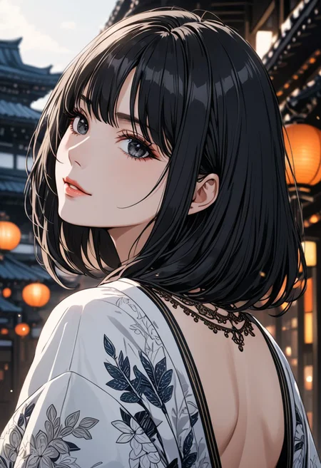 gorgeous lips, cinematic, (masterpiece), (best quality), (ultra-detailed), very aesthetic, illustration, perfect composition, intricate details, absurdres, detailed face, (anime, masterpiece, intricate:1.3), (best quality, hires textures, high detail:1.2), (4k),(incredibly detailed:1.4) (beautiful detailed face, beautiful detailed eyes)
villain, 1woman, arrogant smile
high pointed nose, (nostrils:1.3), patterned bra, blurry, no bra, 22-year-old woman, pale skin,
black eyes, bob black hair, big brests
white kimono, pelvic curtain on ass, large ass, from behind, outdoors,  dimly lit,