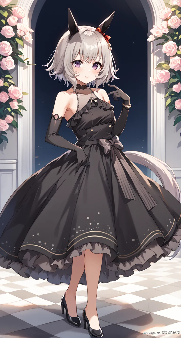 score_9,score_8_up,score_7_up,
official art,official style,game cg,megami magazine,
uncensored,
1girl,
crc wedding,curren chan (umamusume),
animal ears,blush,dress,elbow gloves,gloves,grey hair,hair ornament,
horse ears,horse tail,ribbon,short hair,tail,wedding dress,black dress,black gloves,
bow,ear covers,ear ornament,horse girl,official alternate costume,
purple eyes,detached sleeves,bare shoulders,black footwear,dress bow,
frilled dress,frills,high heels,see-through,see-through cleavage,see-through dress,
sleeveless,sleeveless dress,black choker,bracelet,choker,bangs,violet eyes,long dress,
standing,
<lora:umamusume_curren_chan_pony_v1:1>,