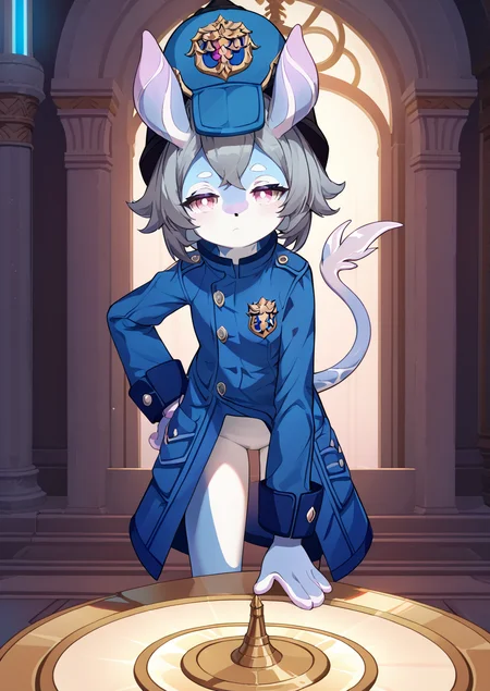 <lora:Anime Style 2 SDXL_LoRA_Pony Diffusion V6 XL:0.5>, score_9, score_8_up, score_7_up, source_anime, (masterpiece, best quality:1.2), extremely detailed, soft ambient lighting, sharp focus, 4K, BREAK <lora:MelusineV4SDXL:1>, 1girl, solo, melusine, blue skin, purple skin, grey hair, pink eyes, straight ears, thin tail, police uniform, blue jacket, blue helmet, BREAK standing, leaning forward, bored, looking at viewer