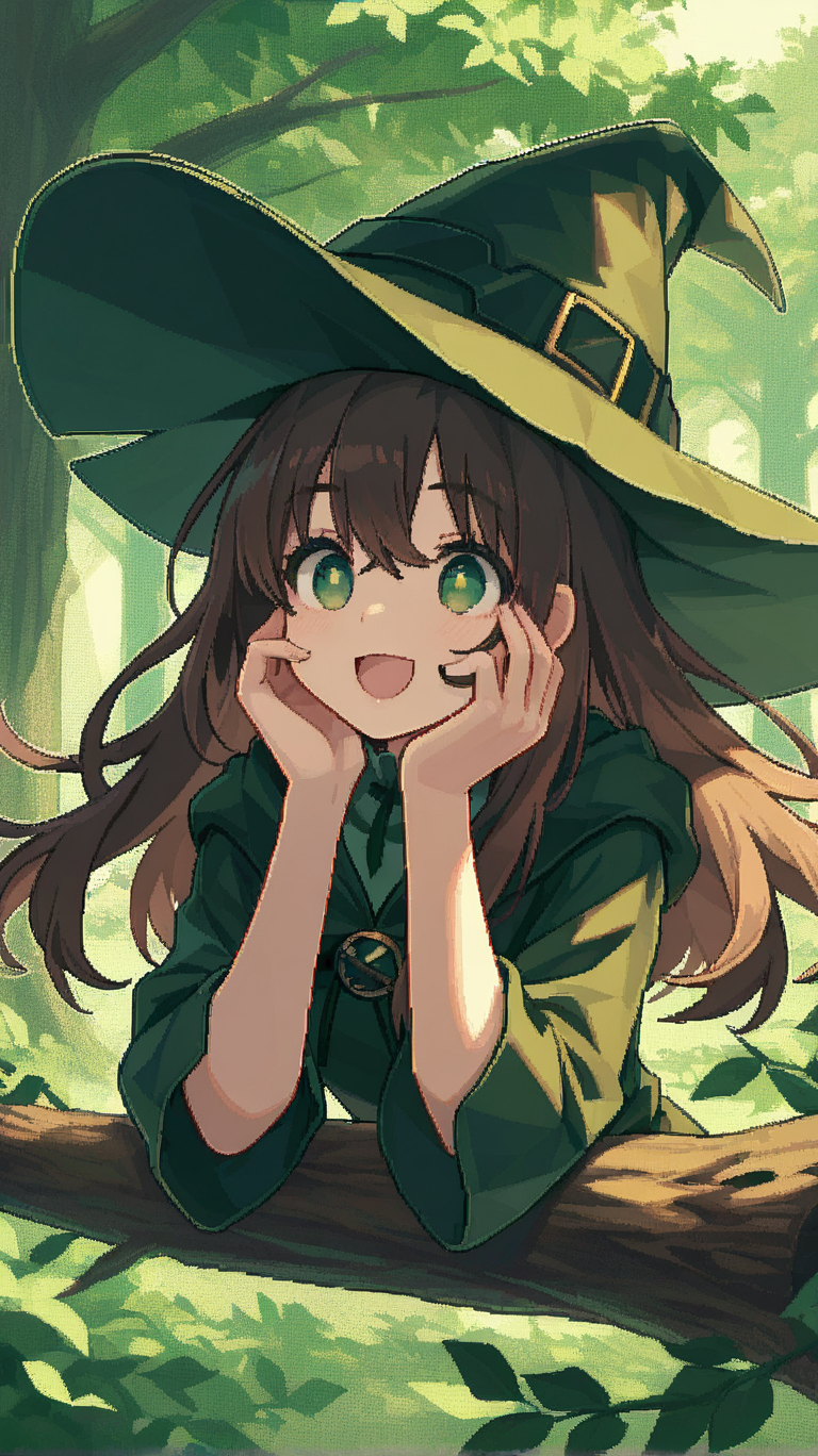 1girl, solo, long_hair, smile, open_mouth, bangs, brown_hair, long_sleeves, hat, green_eyes, upper_body, :d, tree, witch_hat, witch, hands_on_own_face, hands_on_own_cheeks