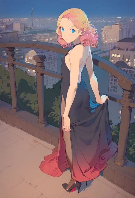 score_9, score_8_up, score_7_up, score_6_up, vivid, vivid colors, colorful, eye catching, rating_explicit, BREAK, cute girl, (adorable girlfriend) (sister), (flat chest), (long legs), (wide hips:0.5), curly hair, blue eyes, blonde to pink hair color gradient, high heels, stilettos, high slit dress, black evening gown, sheer tights, outdoors, Manhattan, Greenwich Village, nighttime, at night, date with your beautiful girlfriend, loving, sweet, (smile:0.5), from above, looking back