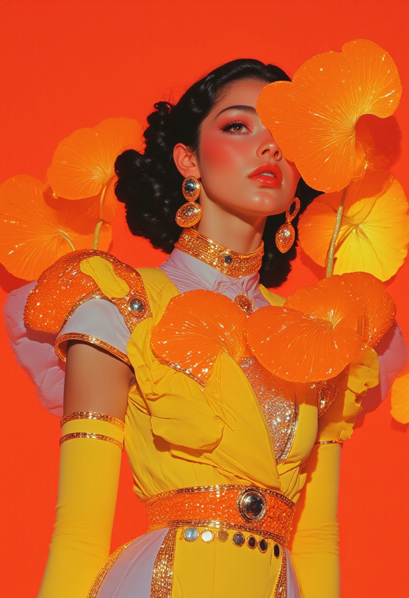 A hyper-realistic close-up portrait of a woman’s upper body and midriff, set against an artistic, surreal atmosphere, rendered in vantablack, ArsMJStyle, Colored pencil hyperdetailed realism, sss, translucent, lorenastyle, and retro futuristic clothing style. She wears a predominantly yellow dress adorned with shimmering orange and silver sequins and beads, reflecting soft, ambient lighting to create a radiant, mesmerizing effect. The luxurious fabric, a blend of sheer materials and glittery accents, enhances her elegant appearance with intricate texture and depth. Her long, wavy dark hair cascades over her shoulders, partially obscuring her face to add an air of mystery. Her medium to dark skin tone, hinting at African descent, glows softly under the light, contrasting beautifully with her outfit. She accessorizes with a large, orange hoop earring and an orange chain belt adorned with dangling coins that drape elegantly over her hips. Long yellow, elbow-length gloves complete the look with a sophisticated, retro-futuristic touch. The bold orange background features exaggerated, oversized *Ginkgo biloba* leaves in rich orange hues, leaning toward her, curling around her arms and torso as though nature itself embraces her. One large leaf partially obscures her lips, creating a surreal interaction. Captured in ultra-HD, this portrait blends high fashion with surreal beauty, emphasizing flawless textures and artistic elegance.