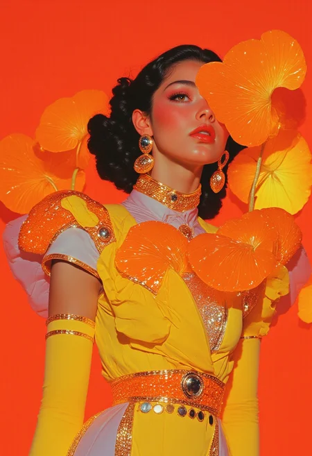 A hyper-realistic close-up portrait of a woman’s upper body and midriff, set against an artistic, surreal atmosphere, rendered in vantablack, ArsMJStyle, Colored pencil hyperdetailed realism, sss, translucent, lorenastyle, and retro futuristic clothing style. She wears a predominantly yellow dress adorned with shimmering orange and silver sequins and beads, reflecting soft, ambient lighting to create a radiant, mesmerizing effect. The luxurious fabric, a blend of sheer materials and glittery accents, enhances her elegant appearance with intricate texture and depth. Her long, wavy dark hair cascades over her shoulders, partially obscuring her face to add an air of mystery. Her medium to dark skin tone, hinting at African descent, glows softly under the light, contrasting beautifully with her outfit. She accessorizes with a large, orange hoop earring and an orange chain belt adorned with dangling coins that drape elegantly over her hips. Long yellow, elbow-length gloves complete the look with a sophisticated, retro-futuristic touch. The bold orange background features exaggerated, oversized *Ginkgo biloba* leaves in rich orange hues, leaning toward her, curling around her arms and torso as though nature itself embraces her. One large leaf partially obscures her lips, creating a surreal interaction. Captured in ultra-HD, this portrait blends high fashion with surreal beauty, emphasizing flawless textures and artistic elegance.