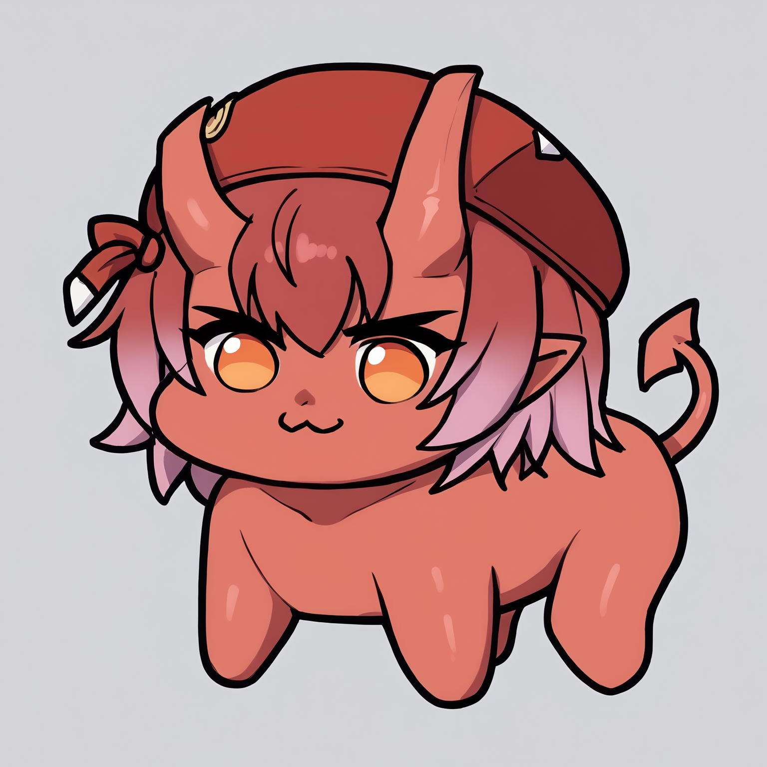 score_9, score_8_up, score_7_up, 1girl, asuraEro, red oni, colored skin, pointy ears, oni horns, broken horn, orange eyes, short hair, gradient hair, hair between eyes, short twintails, demon tail, 
red backwards hat,
<lora:Doro_X_PDXL_V1:1.0>, doro, creature, :3, chibi, no humans, four legs, solid circle eyes, no pupils, all fours, solo,
simple background, white background, 
<lora:Asura-dirtyero-PDXL_V1-Manityro-CAME:1.0>,