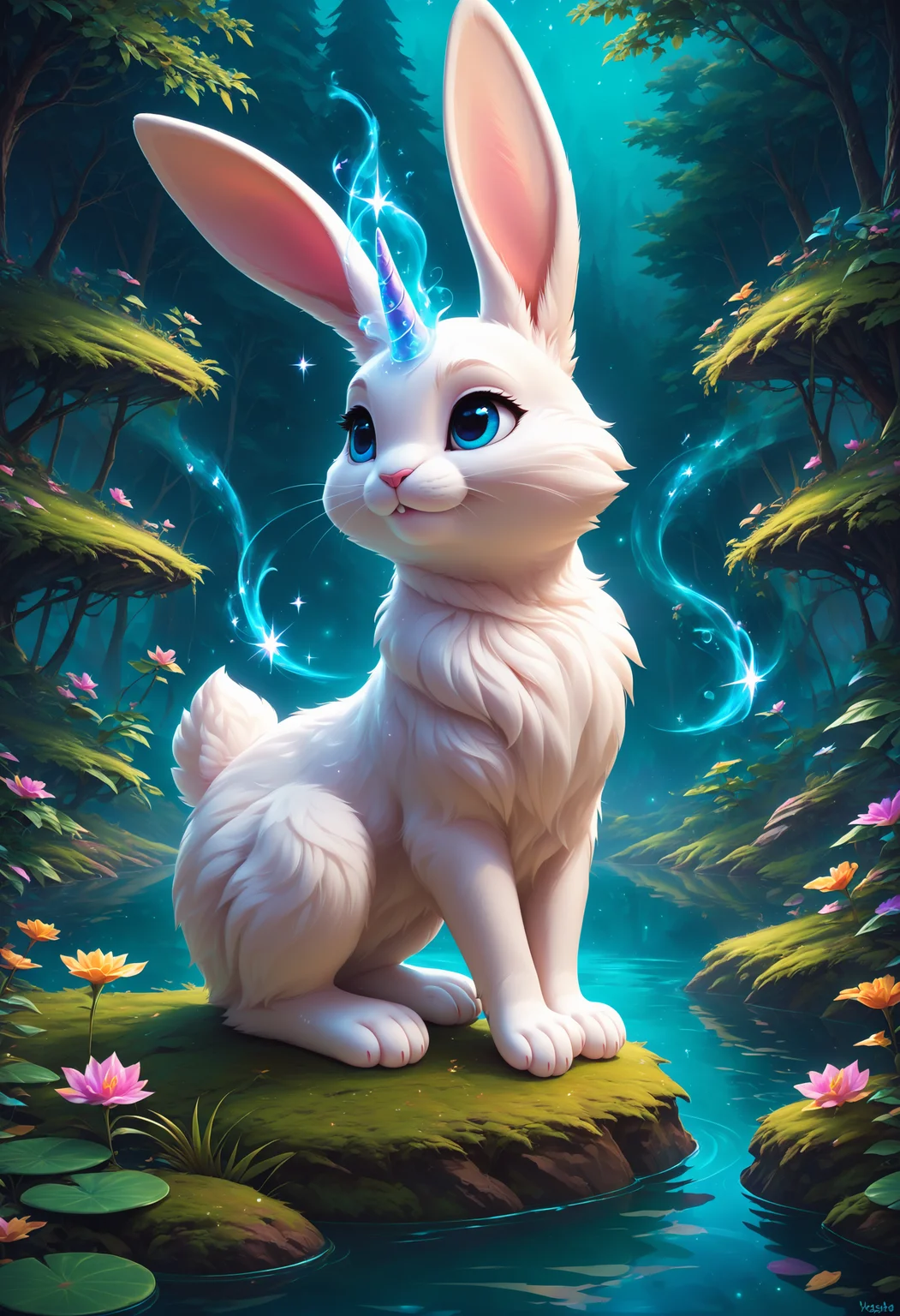 score_9, score_8_up, score_7_up,BREAK
forest background, night, pond, dark, magic, sparkles
fluffy (white:1.3) bunny (rabbit:1.3), blue eyes, sly expression, unicorn (horn:1.2), sideview, sitting
(no humans:1.5)
<lora:SDXLFaeTastic2400:1>