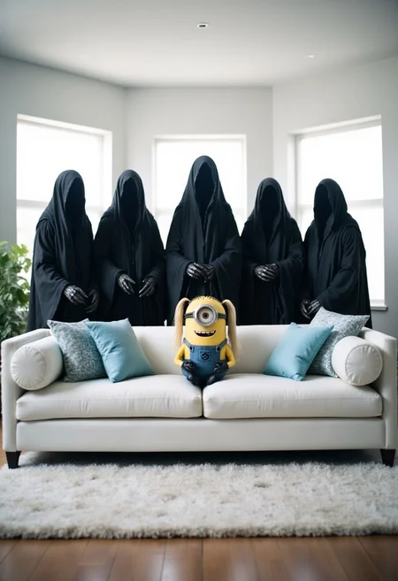In a modern, brightly lit living room, create a surreal scene with five Nazgûl standing behind a white couch. The Nazgûl are dressed in dark, ominous cloaks, forming a semi-circle as they look down at the couch. Seated on the couch is a one-eyed Minion from despicable me, with blonde pigtails, smiling playfully. 