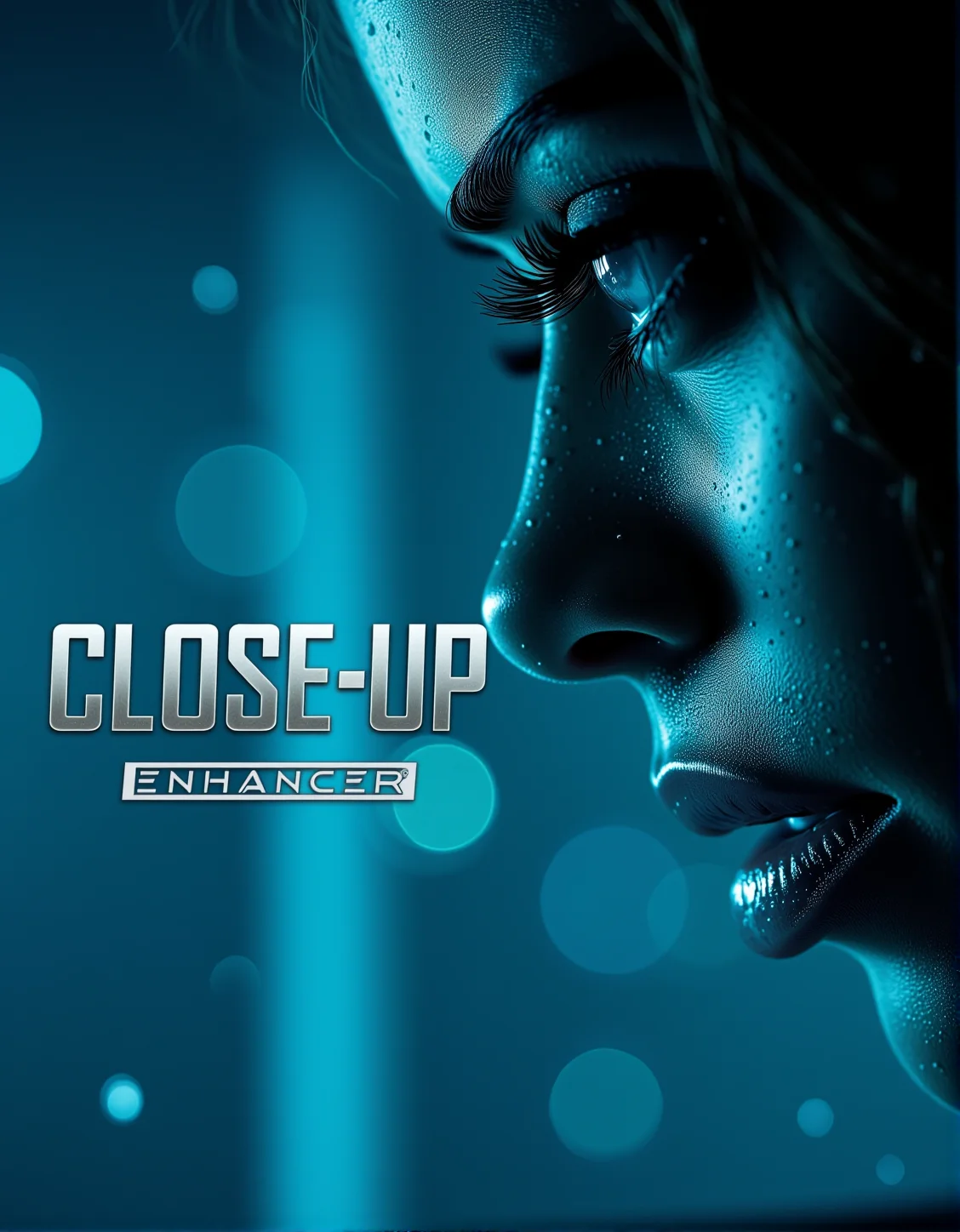 . A dynamic, highly detailed 3D render of the text "Close Up Enhancer" in bold, futuristic typography, with each letter reflecting sharp light and glossy metallic textures. Next to the text, an extreme close-up of a woman's face focuses on her piercing eyes, framed by delicate water droplets and glowing reflections. Her skin shows intricate details, enhanced by moody blue highlights that complement the text's futuristic feel. The background features abstract, glowing shapes pulsing softly, creating a high-tech, cinematic atmosphere that blends seamlessly with the striking close-up. , <lora:bv-close-up-enhancer.safetensors:1.0:1.0>