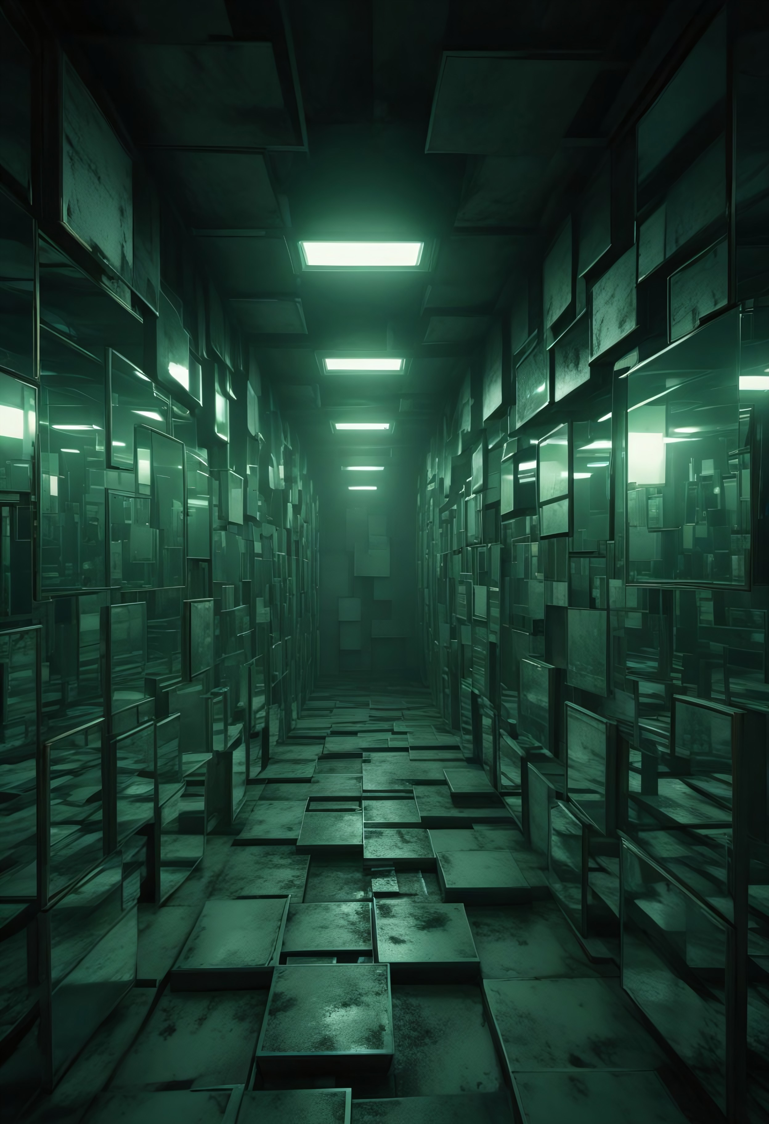Blame by Tsutomu nihei, no humans, scenery, green hallway, indoors, ceiling light, tiles, tile floor, green theme, light, ceiling, easynegative, deepnegative_v1_75t