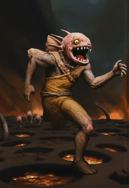 b3rs3rk macro lens d4concept pov, 3D01S, simple background d4artstyle atmospheric and powerful MikeFranchinastyle dark fantasy, natural organic and first person pov of a berserk style creature in the Tsutomu Nihei style
fish-like humanoid, fantasy creature concept. Pale skin with subtle scales, glistening wet appearance. Hunched posture, muscular build. Large fish head with bulging yellow eye, wide mouth filled with sharp teeth. Drool or water dripping from jaws. Small fin-like ears atop head. Humanoid body with defined musculature, webbed hands and feet with sharp claws. Wearing mustard-yellow sleeveless tunic, cinched at waist with rope belt. Necklace of teeth or claws. The environment is shrouded in swirling smoke and water with boiling water casting a glossy glow. Cracks in the ground pulse with golden light, hinting at intense heat. The art style combines realism with dark fantasy, focusing on intricate details of the creature's skin and features. Warm browns, reds, and oranges dominate, while the lighting emphasizes the horror of the scene.
Cinematic composition with ultra-realistic textures, focusing on the upper body and heads of the beast in a 4K resolution.
UHD letterboxed game trailer frame chromatic aberration dark atmosphere sharp masterpiece with a focus on the character, elden ring, dark atmosphere