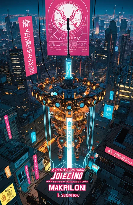 score_9, score_8_up, score_7_up, score_6_up,
Futuristic Cyberpunk Poster, Featuring a cyborg girl samurai withseetrough silk kimono flowing in the wind, a menpo face mask and a large conical hat, mechanical limbs, the cyborg is holding a glowing katana on its shoulder, dangerous, mysterious, eerie, red and cyan lights, squatting on a pole high above night city, the city is filled with loose wires, advertisement and holograms, background has eye catching contrast colors, japanese letters, text "Kanshi" rule of thirds, great composition, anime, cyberpunk, glow, darkness, symmetry, elegance,
<lora:add-detail-xl:0.8>, <lora:1g0rXLP:0.8> 1g0r, ,