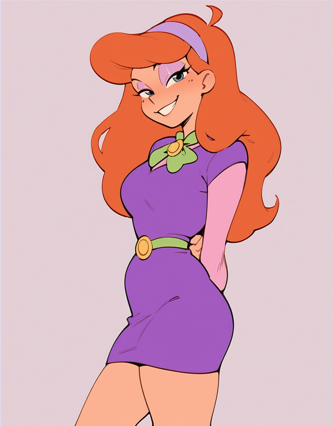 score_9, score_8_up, score_7_up, score_6_up, score_5_up, futanari, solo, standing, looking at viewer, daphne blake, bedroom eyes, smirk, hands behind back, short_dress, orange hair, long hair,   <lora:Dezz_Art_Style_Pony:1>