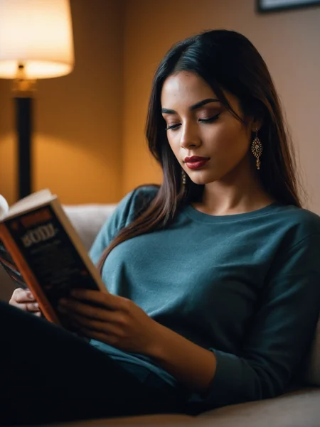 A dynamic cinematic photograph of Juliana_Conti_P_MXAI_SDXL , wearing comfortable clothes, sitting on a couch, reading a book, shadows, relaxed, elegant,, SK_CINEMATIC, ziprealism