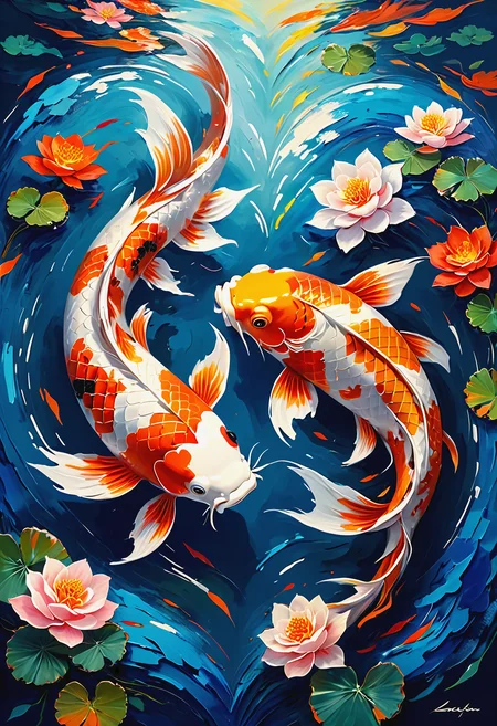 2Koi swimming in a heart shape, sharp details, beautiful, aesthetic, 8k<lora:add-detail-xl:0.5> <lora:MJ52:0.5>, impasto painting art style, thick and textured brushwork, vibrant colors, tactile quality, expressive strokes, dynamic compositions, bold contrasts, dramatic lighting effects, immersive texture, professional-grade finish, adds depth and dimension, creates visual interest