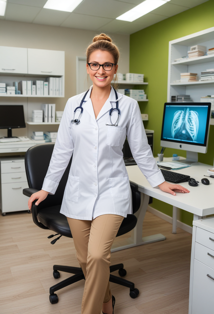 (medium full shot) of  (lovely doctor) young woman, swedish, tan skin, green eyes, full-figured build, long hazel updo hair,  wearing a crisp white shirt, comfortable pants, slip-on shoes, eyeglasses, set in  clinic, Consultation Room, Professional space with a desk and chair for the healthcare provider, anatomical models displayed on shelves, a computer workstation for electronic medical records, comfortable seating for patients, blinds allowing adjustable natural light community, at night, woman laughing, jumping in the air, Masterpiece,best quality, photo, realistic, very aesthetic, detailed face,