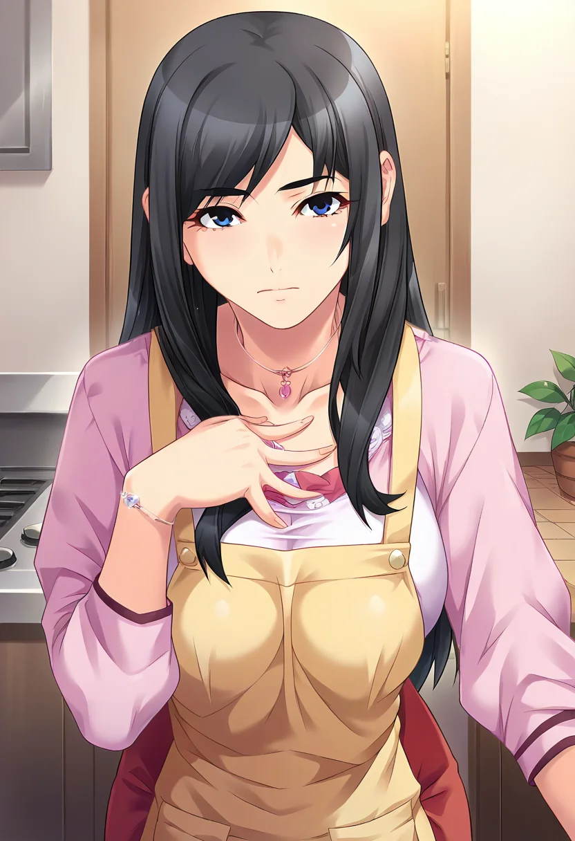 score_9, score_8_up, score_7_up, score_6_up, score_5_up, score_4_up, masterpiece, source_anime, 1girl, c nanami, long hair, large breasts, black hair, blue eyes, pink cardigan, white frilled shirt, necklace, red long skirt, ring, yellow apron, indoors, looking at viewer, upper body, hand up, collarbone, leaning forward,<lora:Nanami_HondaVer3_PONY_c:1>