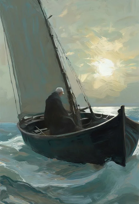 In a dark theme, a dramatic scene unfolds on the canvas in the cinematic style of impressionism. In the center is a lonely old man with gray hair and a white beard, lost in his thoughts. He is gloomy and concentrated, and all attention is drawn to his face. The old man is sailing in a boat on the sea, surrounded by waves. The detailed image hints at the ghosts of the past that follow him,