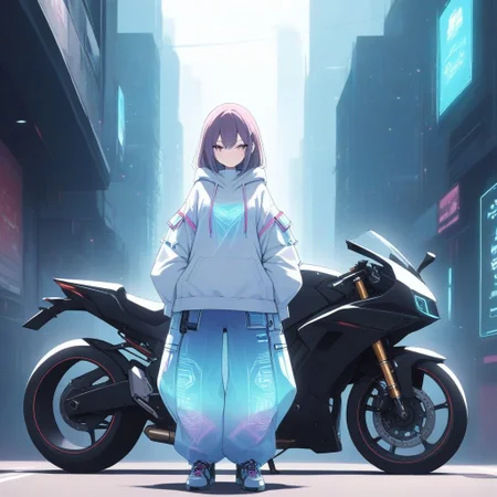 a cyberpunk hacker girl standing outside of a futuristic ramen shop next to her parked high tech motorcycle, she is wearing baggy holographic pants and hoodie, and a digital rebreather, digiswag, high quality, high resolution