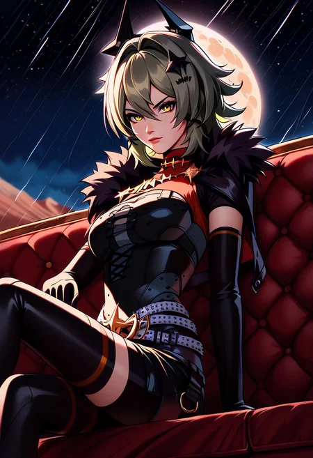 <lora:caesar-king-ponyxl-lora-nochekaiser:1>, caesar king, green hair, short hair, hair between eyes, sidelocks , yellow eyes, confident, hair intakes, v-shaped eyebrows, fierce fase, side look, look at viewer
black gloves, black shorts, black shirt, black thighhighs, gloves, black skirt, grey belt, fur-trimmed jacket, elbow gloves, fur trim, hair ornament, open jacket, emblem, black horns,
Sit on couch, leaning against couch's sidearm, look from side, view from below
Red desert on background, night, starts, white yellow small moon, wind, rain of stars