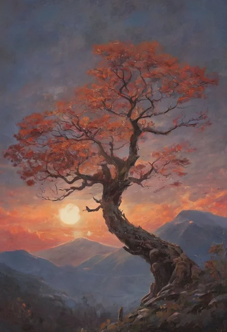 the image presents a surrealistic landscape scene. dominating the background is a large mountain, adorned with a red orange hue that transitions into deep orange and brown hues near the peak. the mountain's top is capped with a red light, adding an eerie glow to the scene. in the foreground, there's a tree with gnarled branches reaching out towards the sky, reminiscent of a bony hand. this tree appears to be made of black lines against a backdrop of red orange clouds. above, the night sky is visible, with the moon casting a soft white light. despite being set at night, the colors and lighting give the scene a dreamy and ethereal quality., romantic impressionism, dream scenery art, beautiful oil matte painting, romantic, style of thomas kinkade, beautiful digital painting, anime landscape, romantic painting, thomas kinkade style painting, dreamlike digital painting, colorful painting, beautiful gorgeous digital art, style thomas kinkade