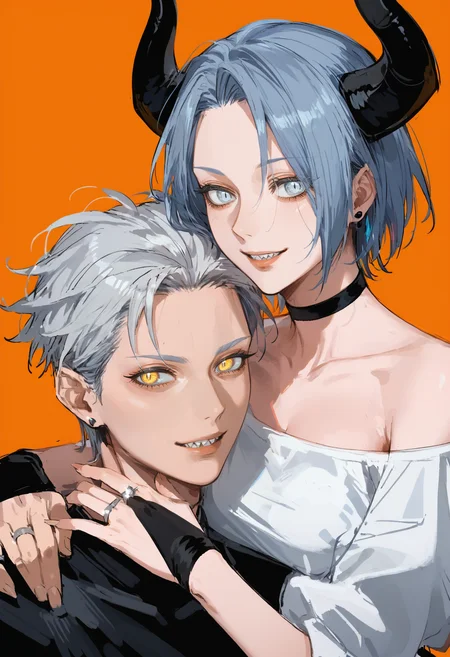 score_9, score_8_up, score_7_up, score_6_up, score_5_up, score_4_up,
<lora:ValoraV2:0.8> v4l0r4,
1girl, looking at viewer, smile, short hair, blue eyes, simple background, shirt, 1boy, jewelry, bare shoulders, blue hair, white shirt, upper body, yellow eyes, white hair, grey hair, earrings, parted lips, horns, teeth, choker, medium hair, hand up, off shoulder, blurry, fingernails, looking to the side, grey eyes, black choker, hug, colored skin, ring, demon horns, sharp teeth, portrait, bridal gauntlets, monster, orange background, hand on another's shoulder, curled horns, white eyes, no pupils, demon, demon boy, hand on another's chest
