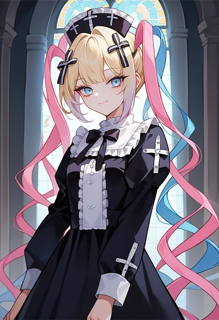 score_9, score_8_up, source_anime, 1girl, solo, KAngelGothic, blue eyes, multicolored hair, blonde hair, blue hair, pink hair, very long hair, quad tails, nurse cap, black hair ribbon, black bowtie, black dress, frilled dress, center frills, long sleeves, indoors, church, smile, <lora:ChamKAngelPonyXL:1>