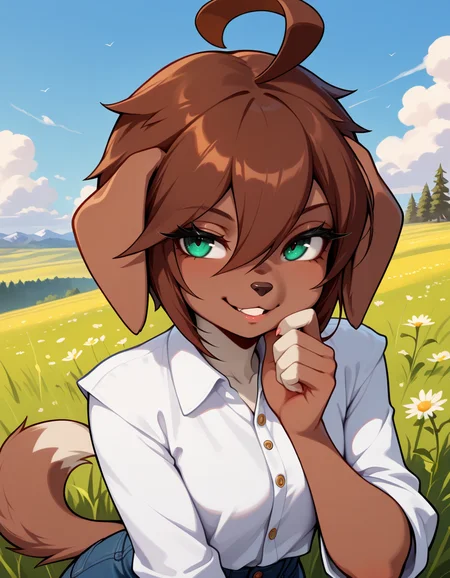 masterpiece, best quality, very aesthetic, absurdres,
outdoors,
headshot,
button-down shirt,
seductive smile, parted lips, long eyelashes,
<lora:Kess_v01_NAIXL:1>
Kess,1girl,solo,furry,furry female,dog girl,brown hair,short hair,hair between eyes,dog ears,green eyes,snout,animal nose,body fur,brown fur,dog tail,