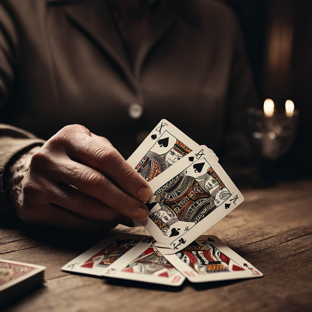 cinematic film still of  <lora:perfection style:0.9> wrinkles:1
A perfect photo of a person holding a gun and playing cards, perfection style, shallow depth of field, vignette, highly detailed, high budget, bokeh, cinemascope, moody, epic, gorgeous, film grain, grainy