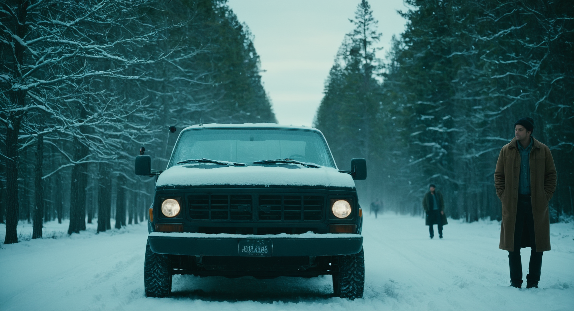cinematic film still of  <lora:Split Diopter style:1>
Split image focus of closeup of a  truck car on the left in the snow standing next to two men on the right,Split Diopter style,1girl,short hair,black hair,hat,outdoors,multiple boys,day,2boys,tree,coat,ground vehicle,scenery,motor vehicle,snow,winter clothes,car,winter,truck,nearsighted,farsighted,split,split focus,focus,sharp focus,deep focus,Split focus,split screen , artistic, Kodak, dramatic light, dramatic shadow light, contrast, saturated color, cinematic, filmic, motion picture, realistic, realism, perfection, perfect, deep focus, clean image, wide screen, detailed image, cinematic, deep space composition, shallow depth of field, vignette, highly detailed, high budget, bokeh, cinemascope, moody, epic, gorgeous, film grain, grainy