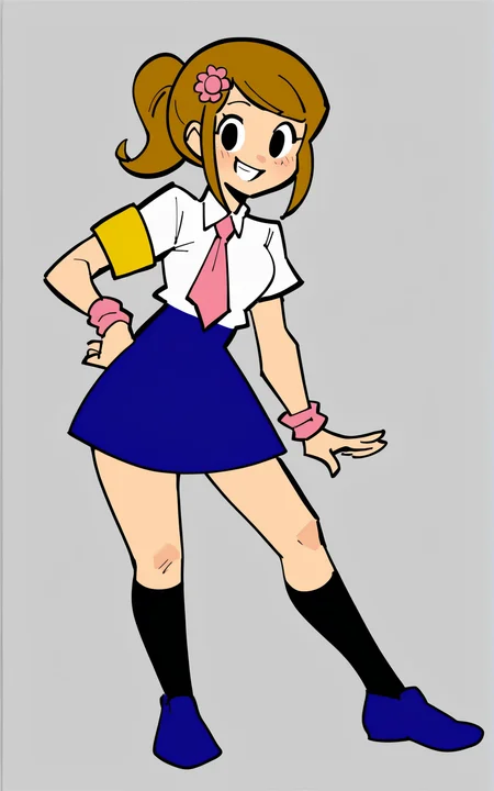 score_9, score_8_up, score_7_up,((best quality)), absurdres, ((full body)), <lora:BolivanteStyle:0.8>, <lora:RGRHPXL:0.8>,RGRHPXL,brown hair, ponytail, white shirt, collared,pink necktie, blue skirt, black socks, kneehigh, blue footwear, ,white background, hair ornament , standing, smile,yellow armband, pink wristband,solo