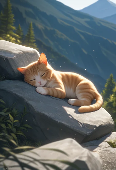 realistic, solo, cat, cute, sleeping, light_particles, nature, mountain, depth of field, the best quality, amazing quality, high quality, masterpiece,