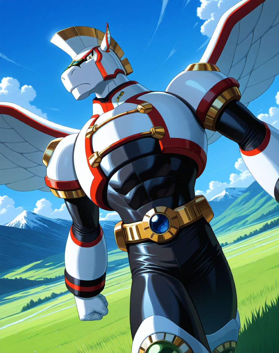 <lora:Spiral_Pegasus_(Mega_Man_X)_(Illustrious)_(AD):1.35> Spiral Pegasus, reploid, MMX, 
exterior, blue sky with clouds, mountain valley, grassy valley,
dutch angle, dynamic action, cowboy shot, 
male focus, intense shadows, dynamic shadows, intricate details, attention to details, gradient coloring, robot, bright vivid colors, deep metallic colors, glossy metal body, wings, pelvic focus, abs, 
BREAK very awa, masterpiece, best quality, amazing quality, very aesthetic, highres, absurdres,
EZRealPONYXL, zPDXL, Smooth Quality, lazynsfw,