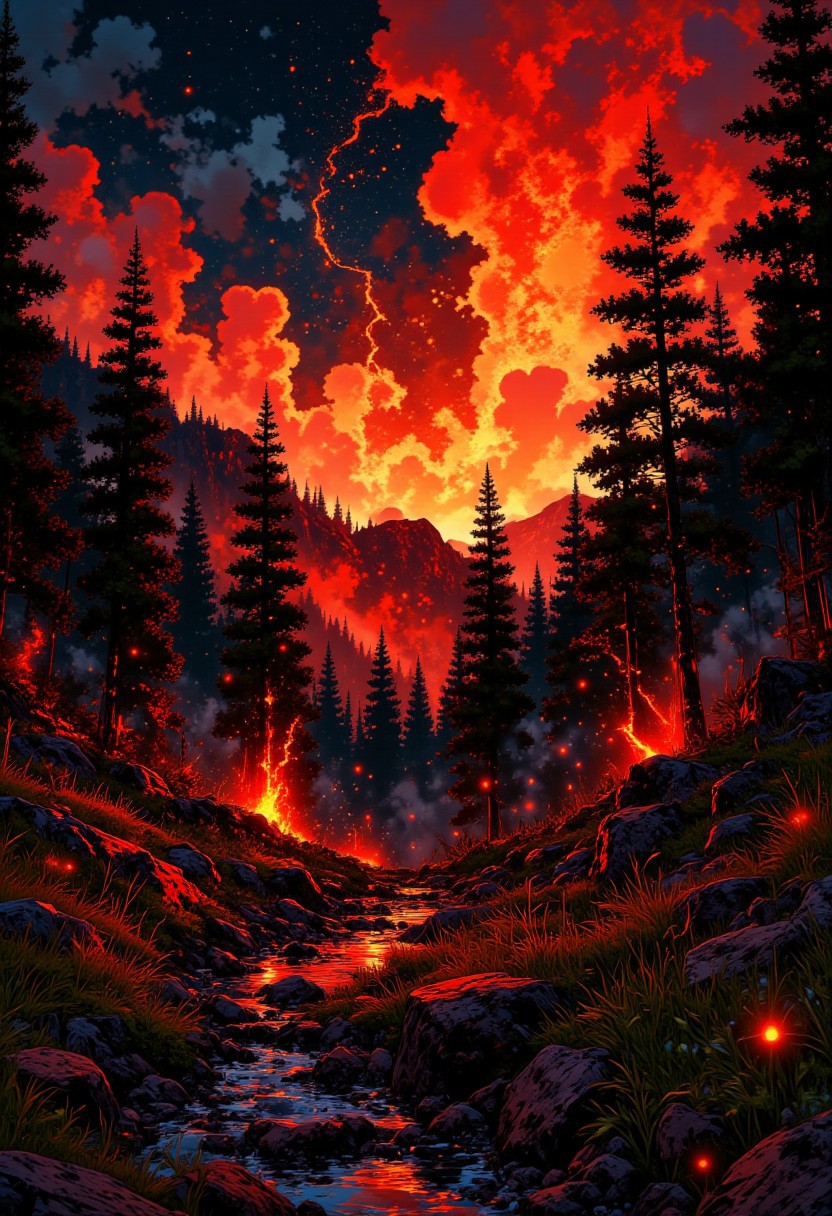 Impressionist oil painting. VibrantlyDark style. Visual style of Stanley Kubrick. Scene of a lush forest valley ablaze with fire. The view from above. The viewer is on a hilltop above a valley. A small stream winds through the valley. Pine trees adorn both sides of the valley, but a horrific fire has spread. The entire valley is beginning to burn. It is night, but the glow from the blaze lights the scene. Sparks of bright ash drift up into the night sky. It is awe inspiring and horrific.  The work is unsigned. It is a masterpiece with fluid style.