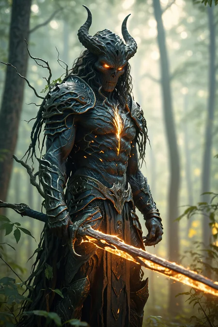 Silhouettes of dark ghostly tree man. Capture the essence of Nature's mystical beings He stands ready to fight intruders.
long hair. Glowing eyes. Glowing spear. Forest color palette. Light armor made of roots and leaf. Realistic.
DEVIL SPAWN. Cinematic lighting, Volumetric lighting, Epic composition, Photorealism, Bokeh blur, darkness, night, moon light, intricate glowing aether tattoos,
<lora:HKStyle:0.75> HKStyle,
<lora:add-detail-xl:0.85>,
<lora:EnvyBetterHiresFixXL01:1.0>,
<lora:extremely_detailed:1.0>, extremely detailed,
<lora:EnvyStarlightAetherglow01:1>
