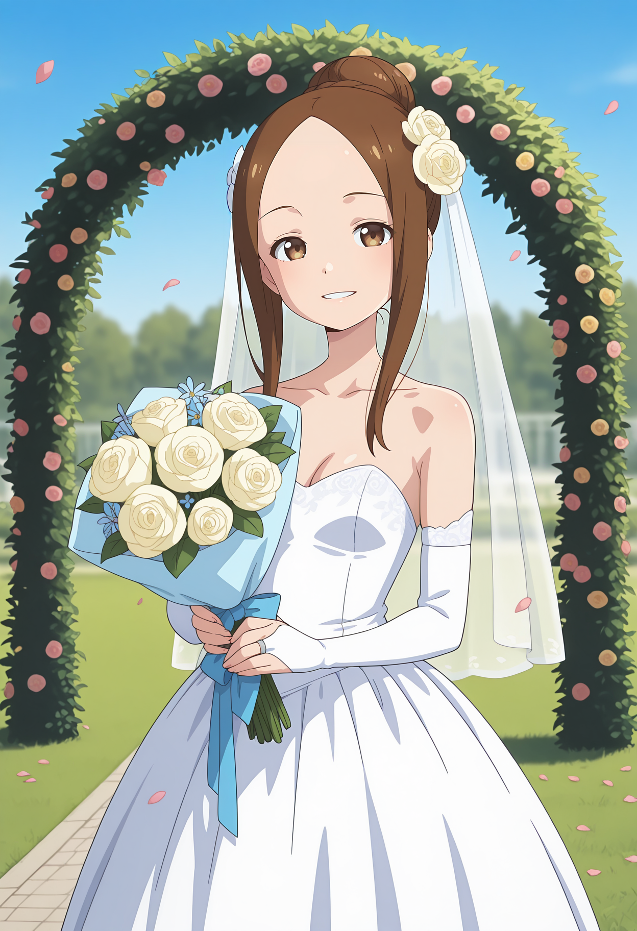 anime screencap, masterpiece, best quality,
<lora:KarakaiJouzuNoTakagi-San_Takagi(Adult)_IlluXL:0.9>,
1girl, solo, light smile, teeth,
single hair bun, parted bangs, forehead, brown hair, brown eyes,
hair flower, bridal veil, wedding dress, white dress, cleavage, small breasts, bridal gauntlets, white gloves, 
holding bouquet,
standing, looking at viewer, petals,
outdoors, garden, grass, flower, floral arch, blue sky, photo background, blurry background