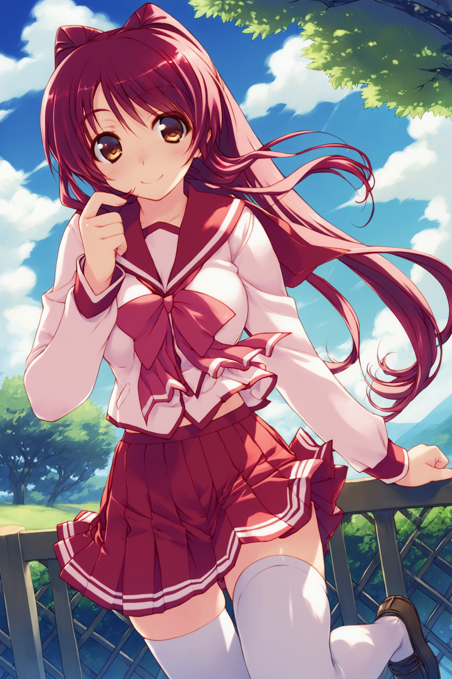 Amaduyu Tatsuki style,kousaka tamaki,1girl,solo,red hair,thighhighs,school uniform,long hair,skirt,brown eyes,pleated skirt,serafuku,zettai ryouiki,smile,long sleeves,sky,day,cloud,white thighhighs,outdoors,looking at viewer,blush,red skirt,score_8_up,<lora:Leaf_XL_PONY:0.8>,