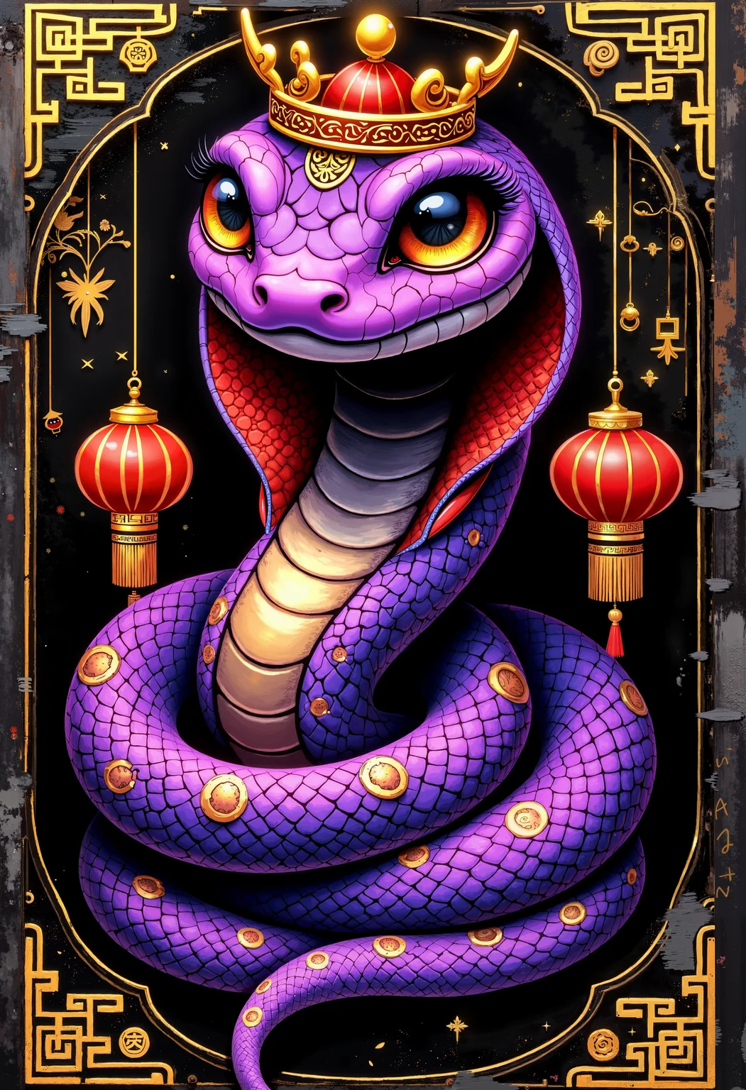 bo-snake, a oil paint on canvas of a world of mystical anime snake, dark fantasy, A golden cobra, crowned with a regal crown, in a Chinese-inspired illustration. The cobra is a vivid, glowing purple with detailed, textured scales that transition to a slightly darker blue/red at points. Its eyes are large and expressive. The cobra is positioned in a circle of intricate gold Chinese design elements, including decorative lanterns (red with gold detailing), hanging tassels, and floral patterns. The style is illustrative, not photorealistic. The image evokes a sense of festive celebration, possibly a Chinese New Year theme. Impressionistic elements are present to suggest a sense of flowing movement and celebration, but the details are present enough to be distinct. Keep the same rich colors and detailed textures, but the cobra should look relaxed and elegant, not aggressive., the background features layers of asia glitch art, fragmented texts, and snake skin textures. contrasting against the monochromatic tones of black, grey, and hints of purple. Smudged paint and scratches add a sense of decay and asia technology.<lora:boFLUX Year of the Snake.safetensors:1.0:1.0>