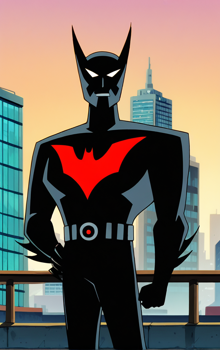 score_9, score_8_up, score_7_up, BREAK
BatSuit_TerryMcGinnis_ownwaifu, 
1boy, 1other, bat print, black bodysuit, black mask, fake horns, no pupils, superhero, utility belt, white eyes, bat ears, claws, black gloves,
(contrapposto, hand on hip), sunset, sidelighting, cityscape, vanishing point, outdoors,  depth of field, solo,  
<lora:PONYXL_DC_BatManBeyond_TerryMcGinnis_ownwaifu_r1:0.95> , depth of field, 
,