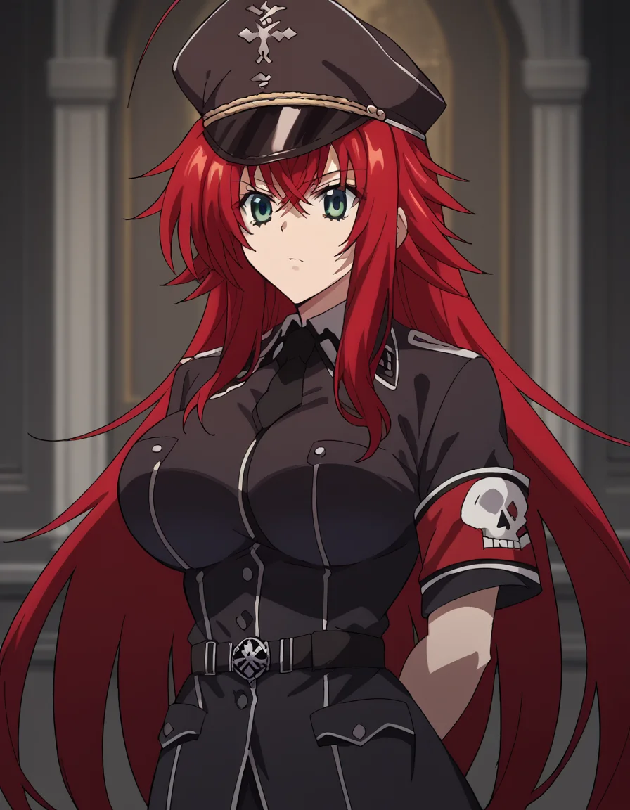 score_9, score_8_up, score_7_up, source_anime, <lora:rias-gremory-ponyxl-lora-nochekaiser:1>, rias gremory, huge ahoge, long hair, hair between eyes, green eyes, red hair, large breasts, <lora:warden-ponyxl-lora-nochekaiser_r1:1>, skull hat ornament, uniform, military uniform, black uniform, hat, cap, black cap, armband, collared shirt, black necktie,, indoors, hands behind back,, cowboy shot,