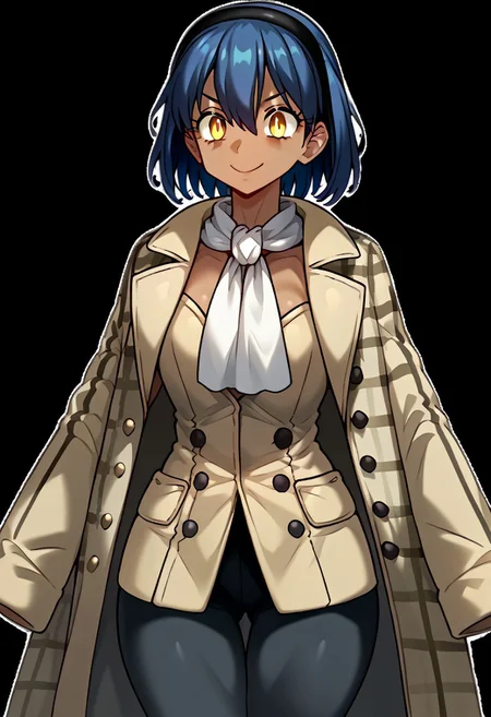 <lora:PONY-c»-Eboraart:0.7> ,score_9. score_8_up. score_7_up. score_6_up. score_5_up. score_4_up, source_anime, 1girl, solo, calm, smile, closed mouth, ((((opened eyes)))), 1girl, large breasts, wide hips, will_(metaphor:_refantazio), ((dark-skinned female, brown-skinned)), (dark_blue hair), medium hair, bangs, hair between eyes, ((black headband, metal headband)), yellow eyes, ((white closed coat, closed pea coat, plaid coat, ((closed coat)))), ((black trousers)), ((white neckscarf)), cowboy shot, black background, empty background, uncensored,<lora:add-detail-xl:1>,complex background,