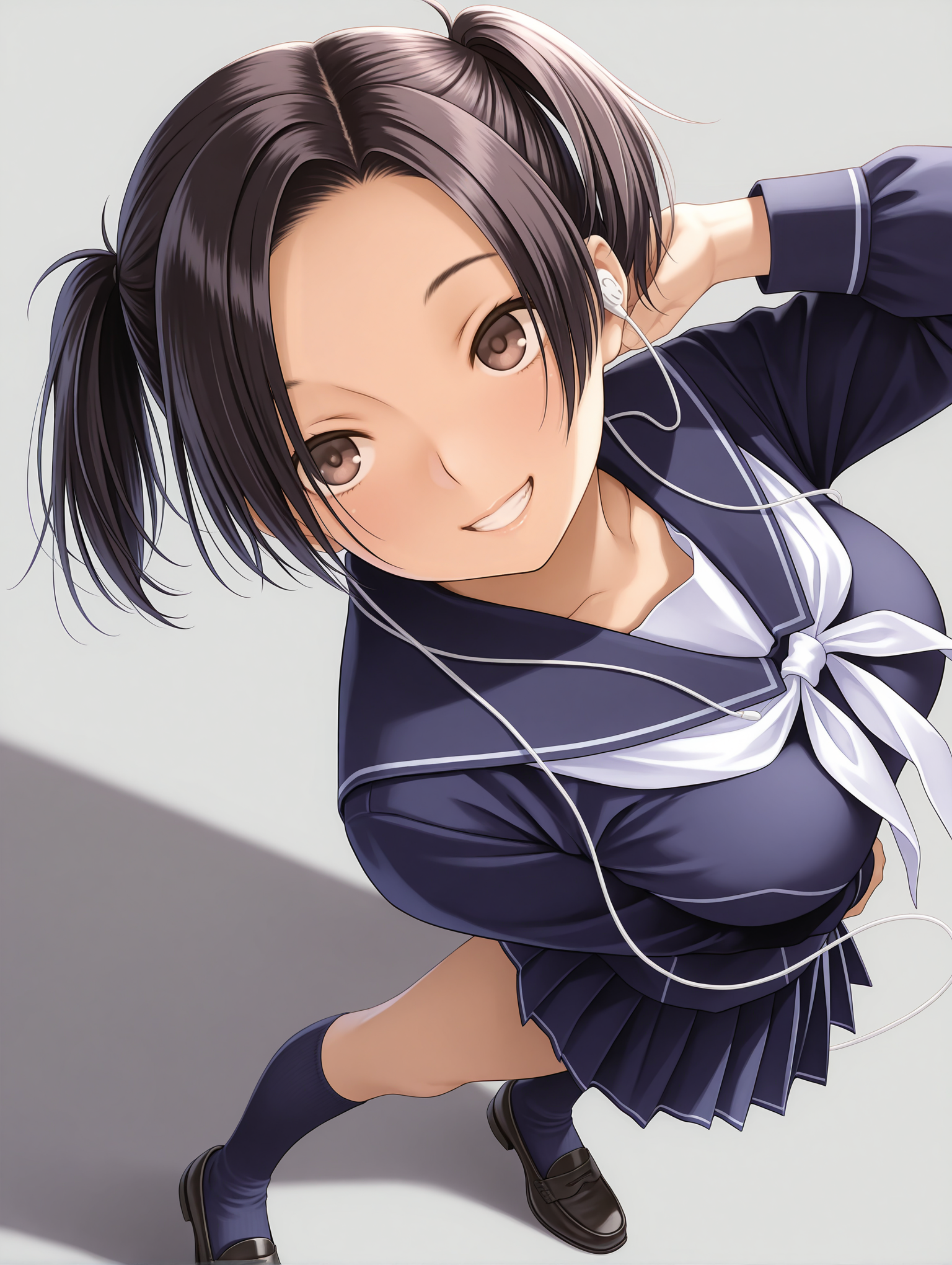 masterpiece,best quality,newest,1girl,solo,
<lora:kobayakawa_rinko_ilxl_v1:1>,k_rinko,black hair,
r_b_clothes,blue serafuku,neckerchief,pleated skirt,blue socks,loafers,
earphones,digital media player,
<lora:Fixhands_anime_bdsqlsz_V1:1>,white_background,simple_background,looking ahead,grin,short twintails,parted bangs,forehead,standing,front view,portrait,big breasts,