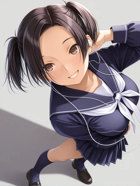 masterpiece,best quality,newest,1girl,solo,
<lora:kobayakawa_rinko_ilxl_v1:1>,k_rinko,black hair,
r_b_clothes,blue serafuku,neckerchief,pleated skirt,blue socks,loafers,
earphones,digital media player,
<lora:Fixhands_anime_bdsqlsz_V1:1>,white_background,simple_background,looking ahead,grin,short twintails,parted bangs,forehead,standing,front view,portrait,big breasts,