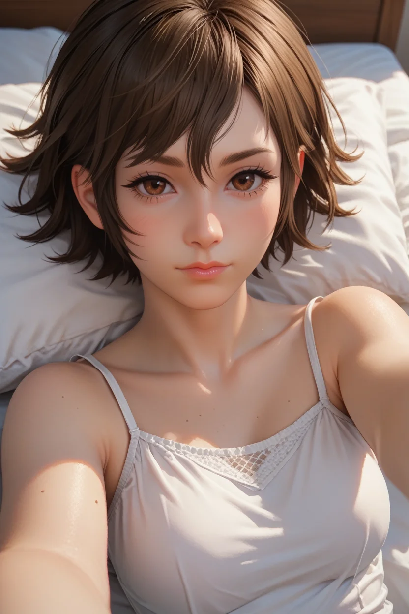 score_9, score_8_up, score_7_up,
<lora:FFIris:0.8>
FFIris, 1girl, brown hair, brown eyes, short hair, looking at viewer, lying on bed, selfie, blushing, cowboy shot